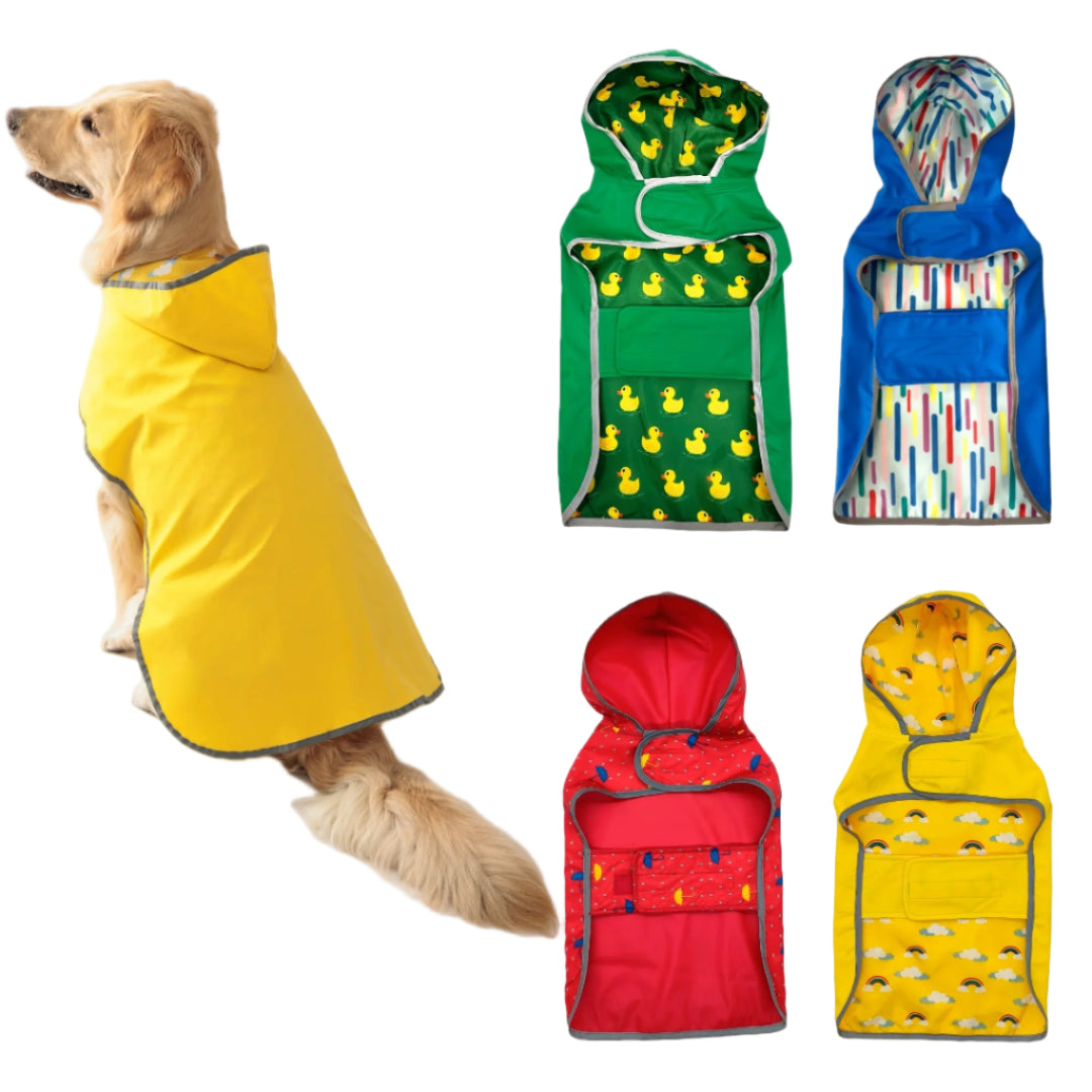 Dog wearing a yellow raincoat with colorful patterned dog coats displayed on a white background, featuring 'Pets Tale' brand.