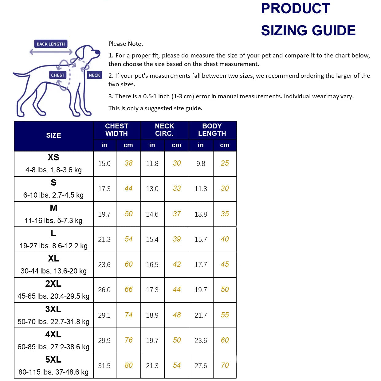 Product sizing guide for pets with measurements and breed recommendations.